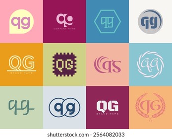 QG logo company template. Letter q and g logotype. Set different classic serif lettering and modern bold text with design elements. Initial font typography. Collection trendy business identity.