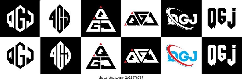 QGJ carta logotipo design em seis estilo. Polígono QGJ, círculo, triângulo, hexágono, estilo simples e plano com logotipo de letra de variação de cor preto e branco definido em uma prancheta. Logotipo minimalista e clássico do QGJ