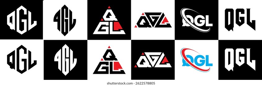 QGL letter logo design in six style. QGL polygon, circle, triangle, hexagon, flat and simple style with black and white color variation letter logo set in one artboard. QGL minimalist and classic logo
