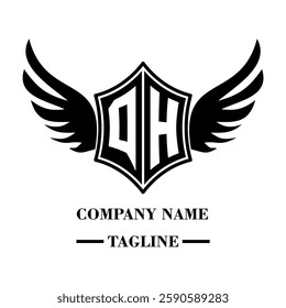 QH bold shield logo with wings, customizable with letters A to Z. Perfect for brands seeking a powerful symbol of strength, freedom, and ambition