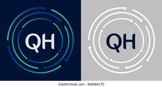 QH design template elements in abstract background logo, design identity in circle, letters business logo icon, blue/green alphabet letters, simplicity graphics
