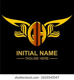 QH Golden Wing Emblem Logo with elegant gold wings, sleek and modern design. Ideal for branding, creative projects, luxury businesses, or artistic ventures.