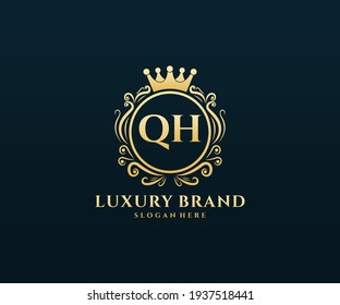 QH Initial Letter, Gold Text mit feminin floralem handgezeichnet heraldischen Monogramm, antike Vintage Stil Luxus Logo Design.