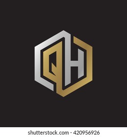 QH initial letters looping linked hexagon elegant logo golden silver black background
