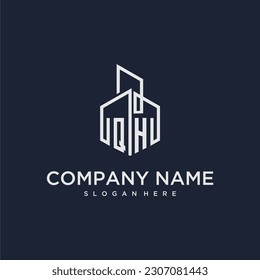 Logo inicial del monograma QH para inmuebles con estilo de construcción