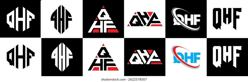 QHF letter logo design in six style. QHF polygon, circle, triangle, hexagon, flat and simple style with black and white color variation letter logo set in one artboard. QHF minimalist and classic logo