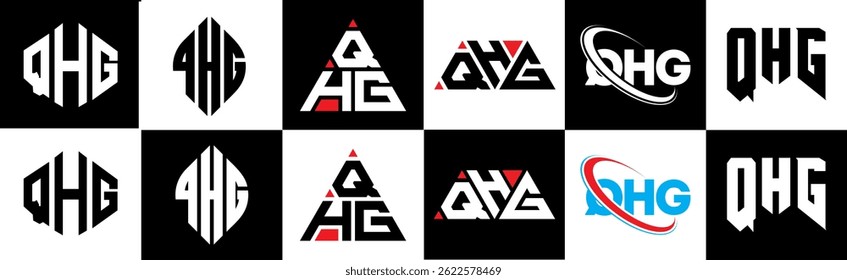 QHG letter logo design in six style. QHG polygon, circle, triangle, hexagon, flat and simple style with black and white color variation letter logo set in one artboard. QHG minimalist and classic logo