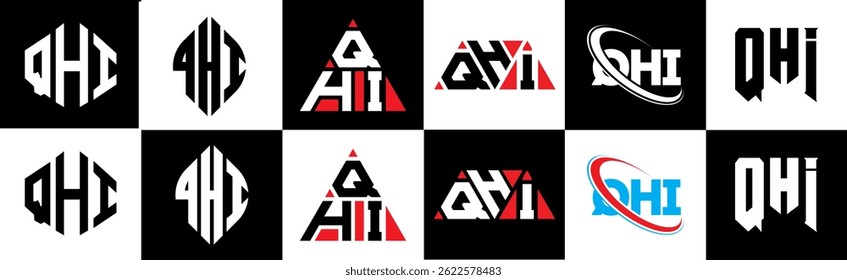 QHI letter logo design in six style. QHI polygon, circle, triangle, hexagon, flat and simple style with black and white color variation letter logo set in one artboard. QHI minimalist and classic logo
