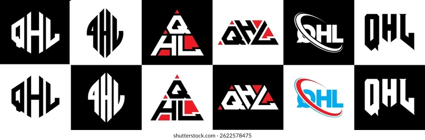 QHL letter logo design in six style. QHL polygon, circle, triangle, hexagon, flat and simple style with black and white color variation letter logo set in one artboard. QHL minimalist and classic logo