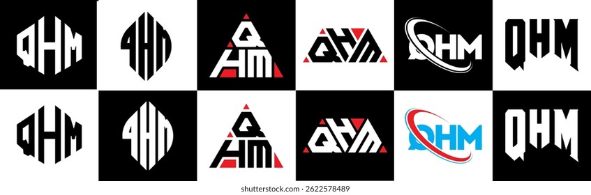 QHM letter logo design in six style. QHM polygon, circle, triangle, hexagon, flat and simple style with black and white color variation letter logo set in one artboard. QHM minimalist and classic logo
