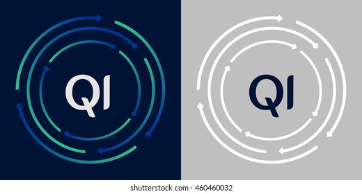 QI design template elements in abstract background logo, design identity in circle, letters business logo icon, blue/green alphabet letters, simplicity graphics
