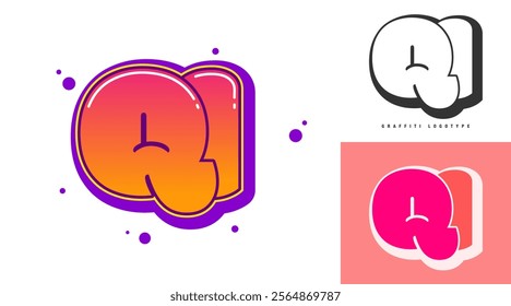 QI logo design for festival or party. Initial letter q and i in graffiti style. Creative modern lettering company name of font typography. Kids trendy logotype or identity. Vector illustration.