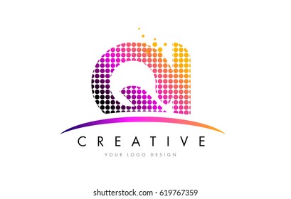 QI Q I Dots Letter Logo Design with Magenta Bubble Circles and Swoosh