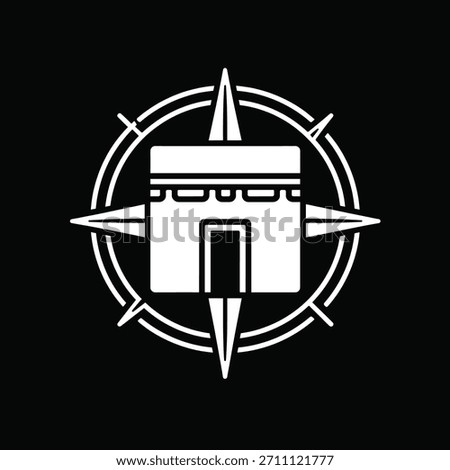 Qibla direction compass with kaaba icon. Muslim pray location graphic vector for islamic devotion. Shows accurate prayer path.