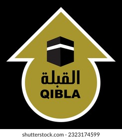 QIBLA DIRECTION SIGN VECTOR ILLUSTRATION, Arabic Text Translation - Qibla , AL QIBLA, QEBLAH ICON, QIBLA MARK , Qibleh, Kiblah, Kible or Kibla SIGN ISOLATED, MUSLIM PRAYER DIRECTION SIGN VECTOR EPS