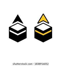 Qibla, Muslim prayer direction. Simple pictogram icon of Kaaba in Mecca with pointing arrow. Black and white and golden color vector pictogram.