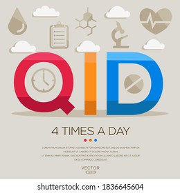 QID text which means (4 times a day) medical acronyms, letters and icons ,Vector illustration.
