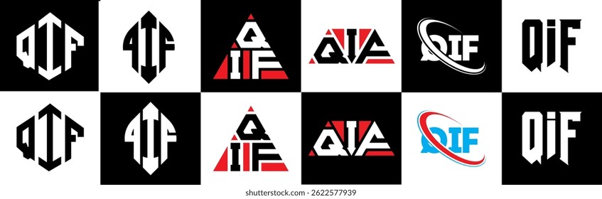 QIF letter logo design in six style. QIF polygon, circle, triangle, hexagon, flat and simple style with black and white color variation letter logo set in one artboard. QIF minimalist and classic logo