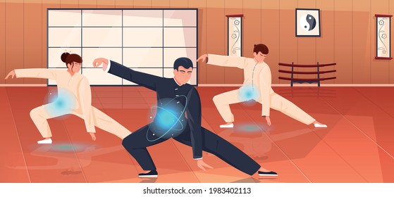Qigong energy flat composition with instructor training two young people in gym vector illustration