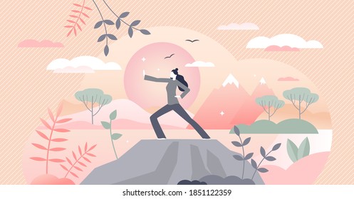 Qigong practice for breathing, meditation and movement development tiny person concept. Inner peace and energy exercise as asian traditional culture vector illustration. Mental and physical wellness.