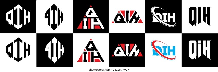 QIH letter logo design in six style. QIH polygon, circle, triangle, hexagon, flat and simple style with black and white color variation letter logo set in one artboard. QIH minimalist and classic logo