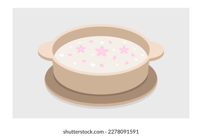 Qing Ming festival food collection isolated on white background. Illustration vector of food dishes for Chinese Tomb Sweeping day festival. Peach blossom porridge bowl, hot pot congee boiled rice