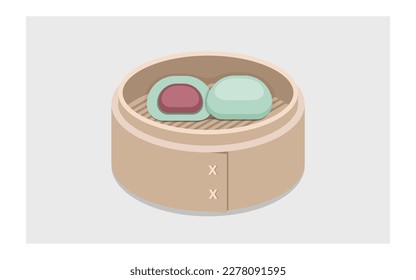 Qing Ming festival food collection isolated on white background. Illustration vector of food dishes for Tomb Sweeping day festival. Chinese Qingtuan, Tsingtuan dumpling dim sum on bamboo basket 