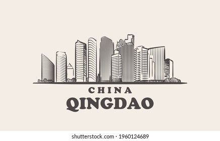 Qingdao cityscape sketch hand drawn ,china vector illustration