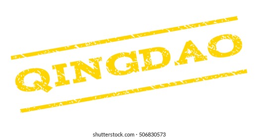 Qingdao watermark stamp. Text caption between parallel lines with grunge design style. Rubber seal stamp with scratched texture. Vector yellow color ink imprint on a white background.