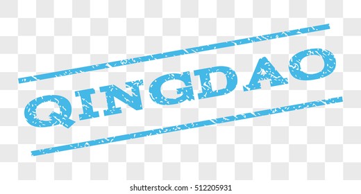 Qingdao watermark stamp. Text caption between parallel lines with grunge design style. Rubber seal stamp with dust texture. Vector light blue color ink imprint on a chess transparent background.