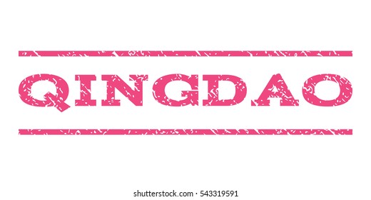Qingdao watermark stamp. Text caption between horizontal parallel lines with grunge design style. Rubber seal stamp with dust texture. Vector pink color ink imprint on a white background.