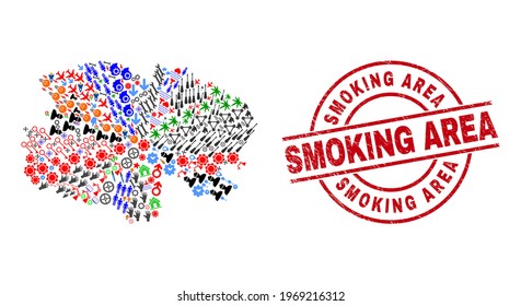 Qinghai Province map collage and distress Smoking Area red circle stamp imitation. Smoking Area stamp uses vector lines and arcs. Qinghai Province map collage contains helmets, homes, wrenches, suns,