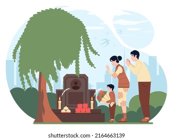 Qingming festival or Tomb-Sweeping Day. Ching Ming festival, ancestors graves visiting tradition. Characters pay respect to their dead relatives. Flat vector illustration