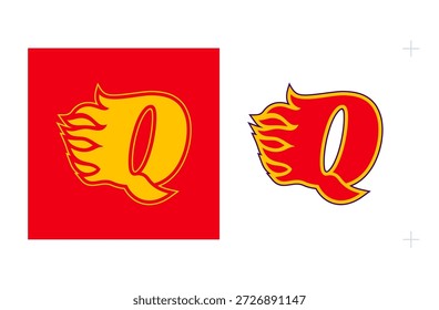 Q-Initial Flame Emblem, das feurige Wettbewerbsfähigkeit und Geist repräsentiert. Einzeln auf weißem Hintergrund.