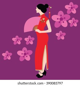 qipao chinese traditional dress costume clothes red china asia vector drawing illustration flower