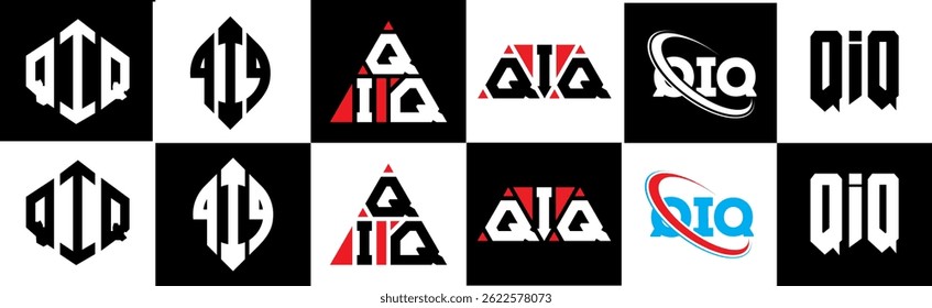 QIQ letter logo design in six style. QIQ polygon, circle, triangle, hexagon, flat and simple style with black and white color variation letter logo set in one artboard. QIQ minimalist and classic logo