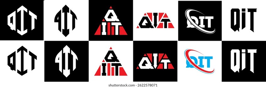 QIT letter logo design in six style. QIT polygon, circle, triangle, hexagon, flat and simple style with black and white color variation letter logo set in one artboard. QIT minimalist and classic logo