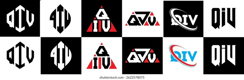 QIV letter logo design in six style. QIV polygon, circle, triangle, hexagon, flat and simple style with black and white color variation letter logo set in one artboard. QIV minimalist and classic logo