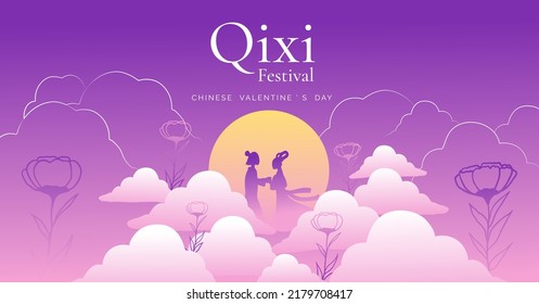 Qixi Chinese Valentine's Day couple dating in moonlight on pastel pink purple background with clouds and flowers