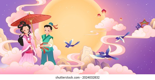 Qixi festival banner. Illustration of cowherd holding an umbrella for weaver girl in front of the full moon