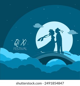 Qixi Festival event banner. Illustration of a loving couple meeting on a bridge above the clouds during a full moon to celebrate on August 10 in China