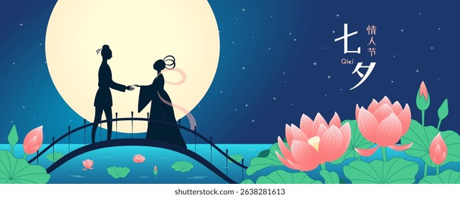Qixi Festival lovers meeting on magpie bridge, moon, lotus. Chinese text Qixi, Valentines Day. Hand drawn flat vector illustration. Traditional holiday design, banner, elements, night sky background