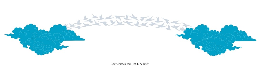 Qixi Festival magpie bridge, flying birds, fluffy clouds illustration, isolated vector. Hand drawn flat style design. Traditional Chinese holiday clip art element. China Valentines Day