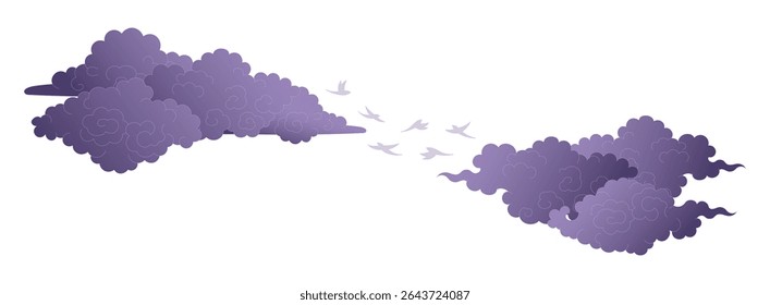 Qixi Festival magpie bridge, flying birds, fluffy clouds illustration, isolated vector. Hand drawn flat style design. Traditional Chinese holiday clip art element. China Valentines Day