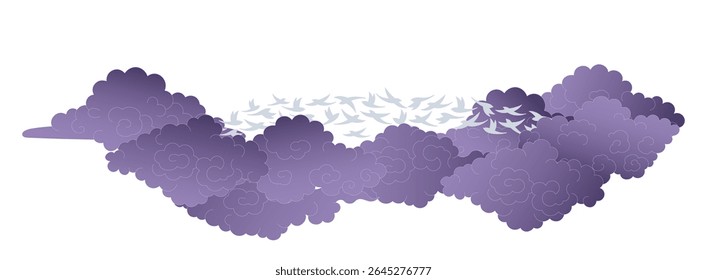 Qixi Festival magpie bridge, flying birds, fluffy clouds illustration, isolated vector. Hand drawn flat design. Traditional Chinese holiday clip art element. China Valentines Day