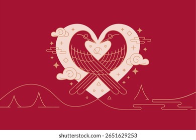 Qixi festival round badge with red and beige elements featuring love symbol and traditional Asian styling