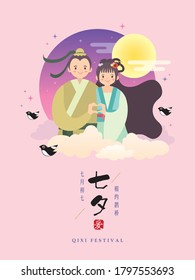 Qixi festival or Tanabata festival. Cartoon cowherd & weaver girl with love gesture. Flat vector illustration. (caption: 7th July, QiXi festival ; Let's have a date on magpie bridge)