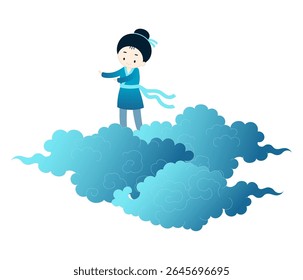 Festival Qixi, vaca Tanabata, Hikoboshi em nuvens fofas ilustração de personagem kawaii, vetor isolado. Desenhado à mão design plano bonito. Chinês tradicional, elemento de clip-art de feriado japonês