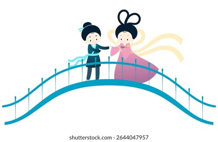 Festival Qixi, encontro de amantes de Tanabata na ilustração de personagens kawaii da ponte magpie, vetor isolado. Desenhado à mão design de estilo plano bonito. Elemento tradicional chinês de férias. Dia dos Namorados da China