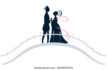 Festival Qixi, Encontro de amantes Tanabata na ilustração da silhueta da ponte magpie, vetor isolado. Design de estilo plano desenhado à mão. Elemento tradicional chinês de clip-art de férias. Dia dos Namorados da China
